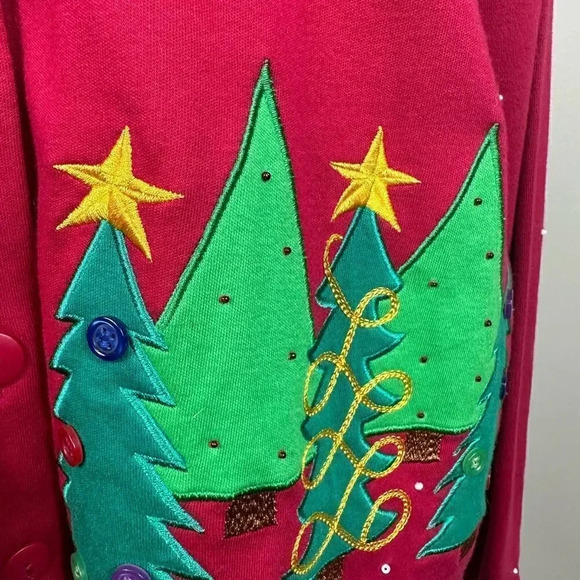 Béchamel red Christmas button down cardigan with appliqué trees size small - Picture 7 of 8